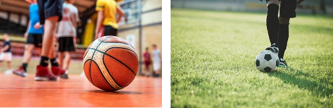 Colagem desportiva com uma bola de basquetebol num campo interior e um jogador de futebol a controlar a bola num campo relvado.